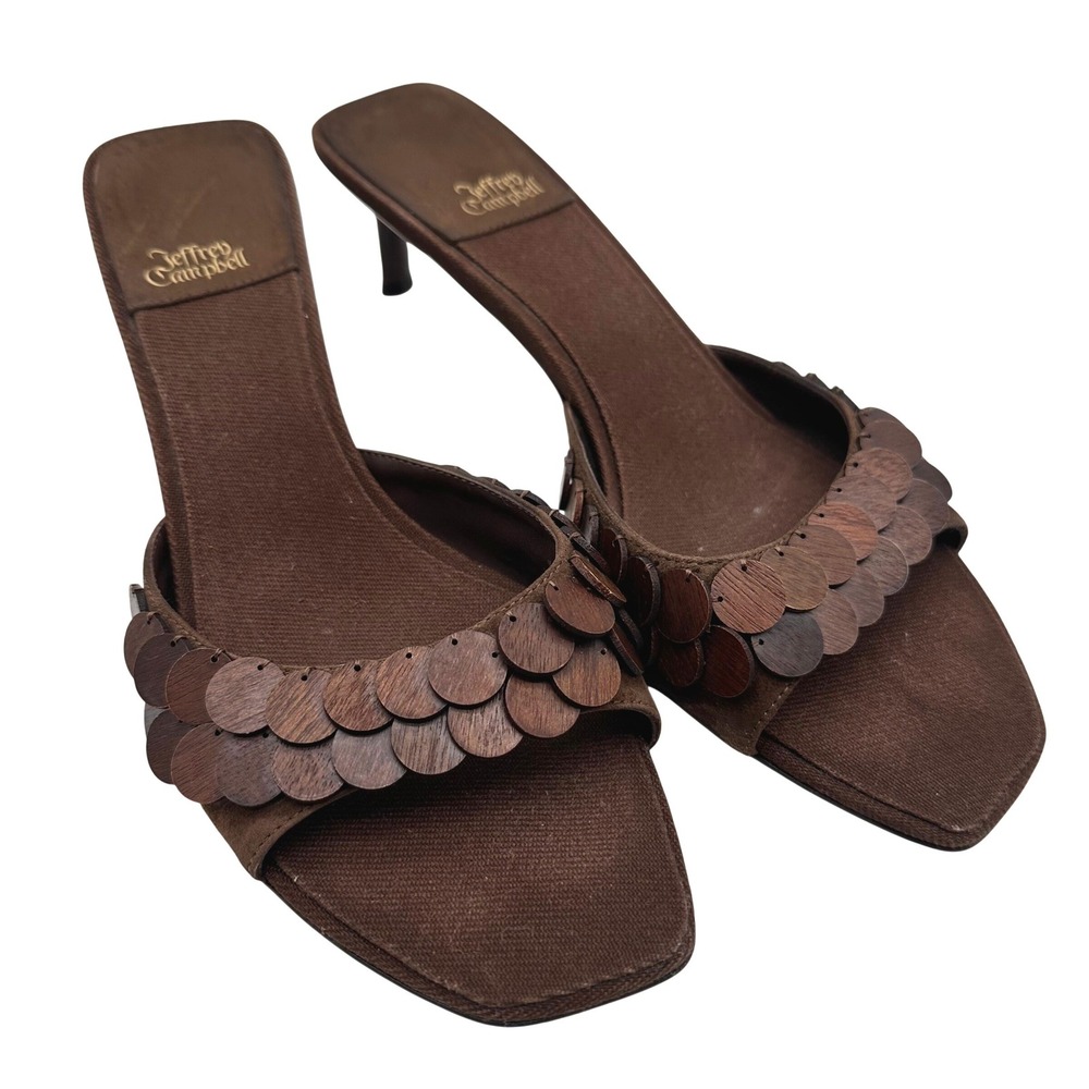 Jeffrey Campbell Islara Brown Suede Tile Wood Kitten Heel Mule Sandals Womens 9